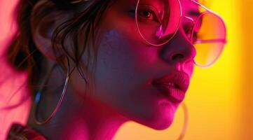 AI generated female model in pink sunglasses photo