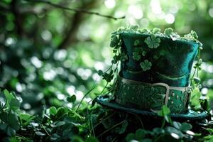 ai generado verde cabeza sombrero con tréboles antecedentes foto