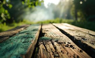 AI generated green wood tabletop for a barbecue on outdoor wood surface photo