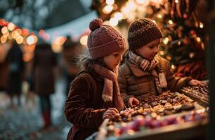 AI generated kids are looking at chocolate at an outdoor market photo