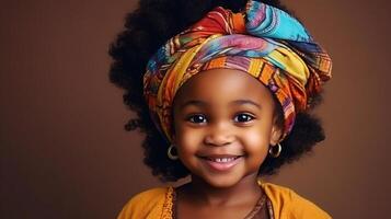ai generado africano maduro bebé niña en tradicional ropa retrato. tradicionalmente vestido en vistoso ropa y cabeza envoltura. negro historia mes concepto. foto