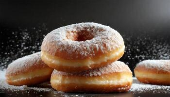 AI generated Donuts sprinkled with powdered sugar on a black background. Close-up photo