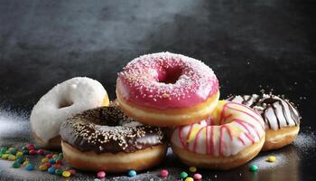 AI generated Variety of donuts on black background. Close-up. photo