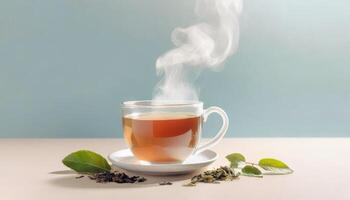 AI generated Cup of tea with green tea leaves and steam on a light background photo