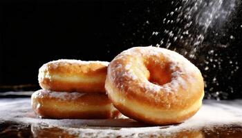 AI generated Donuts sprinkled with powdered sugar on a black background. Close-up photo