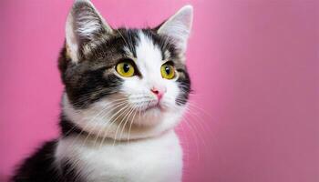 AI generated Portrait of a cat with yellow eyes on a pink background. photo