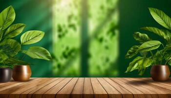 AI generated Wooden table top on green background with green leaf and sunlight photo