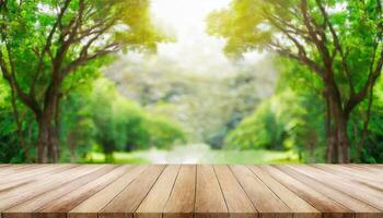 AI generated Empty wood table top over blur green forest background, product display montage photo