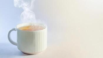 ai generado taza de té y vapor en un ligero antecedentes foto
