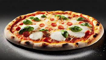 ai generado Pizza con queso Mozzarella queso en un negro antecedentes foto