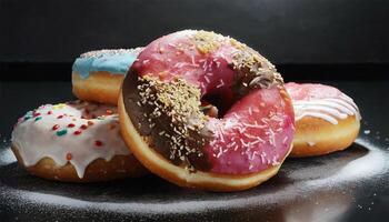 AI generated Variety of donuts on black background. Close-up. photo