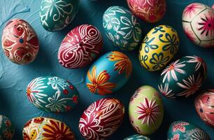 AI generated easter eggs covered in colorful designs on an blue background photo