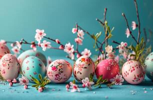 AI generated colorful painted eggs and flowers on a blue background photo