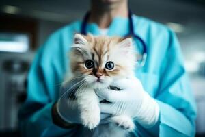 AI generated Veterinarian examining a cat in a veterinary clinic, closeup. Generative Ai photo