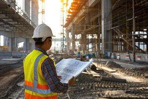 ai generado un civil ingeniero soportes mirando a el construcción sitio. generativo ai. foto