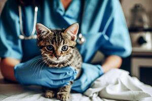 ai generado veterinario examinando un gato en un veterinario clínica, de cerca. generativo ai foto