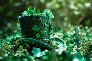 AI generated green head hat with clovers background photo