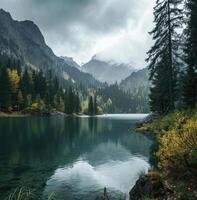 AI generated photo of a lake in the rainy forest against mountains