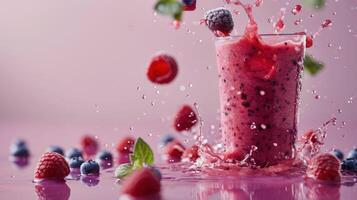 AI generated a glass of berry smoothie products suspended in the air, light and airy photo