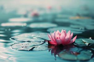 AI generated pink water lily floating in blue water photo