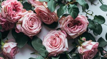 AI generated pink roses with green leaves arranged in a box on white photo