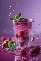 AI generated a glass of berry smoothie products suspended in the air, light and airy. photo