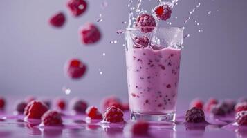 AI generated a glass of berry smoothie products suspended in the air, light and airy photo