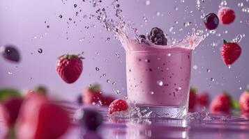 AI generated a glass of berry smoothie products suspended in the air, light and airy photo