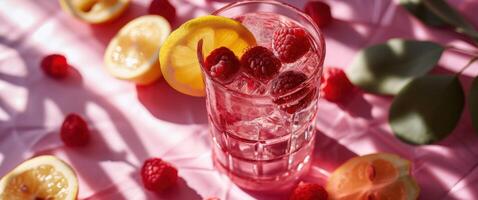 AI generated raspberry lemon soda on a pink background with raspberries photo