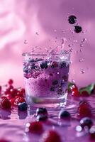 AI generated a glass of berry smoothie products suspended in the air, light and airy. photo