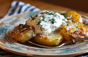 AI generated potatoes that are topped with sour cream and a spoon photo