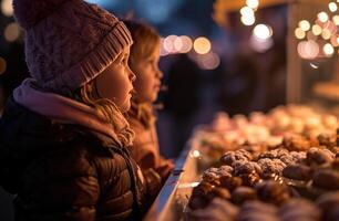 AI generated little children looking at some pastries at a street fair photo