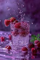 AI generated a glass of berry smoothie products suspended in the air, light and airy. photo