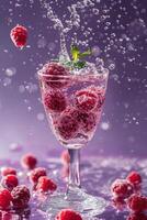 AI generated a glass of berry smoothie products suspended in the air, light and airy. photo