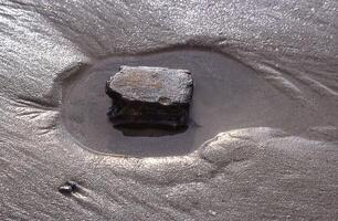 a rock sitting in the sand photo