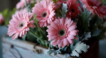 ai generado rosado gerberas en un de madera caja ramo de flores foto