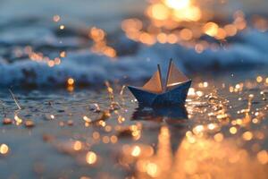 ai generado papel barco con papel vela en el playa a puesta de sol foto