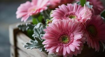 AI generated pink gerberas in a wooden box bouquet photo