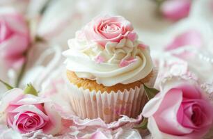 ai generado pequeño magdalena rodeado por rosado rosas y blanco Crema foto