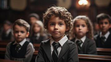 ai generado un grupo de niños en un iglesia, generativo ai foto