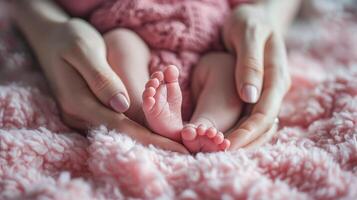 ai generado minúsculo recién nacido del bebe pies en mamá conformado manos de cerca, hermosa conceptual imagen de maternidad, generativo ai foto