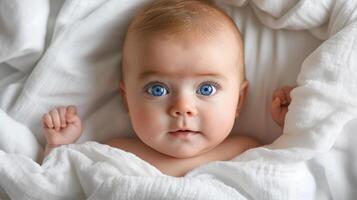 AI generated Newborn lying on a bed with white blankets, Baby look at the camera top view, Health care and happy family concept, generative AI photo