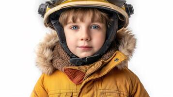 ai generado pequeño chico vistiendo bombero atuendo me gusta el bombero aislado en blanco bandera fondo, conceptual de imaginación y sueño carrera profesional, generativo ai foto