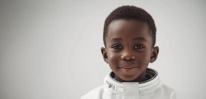 AI generated American african young boy in a spacesuit like the cosmonaut isolated on white banner background, conceptual of imagination and dream career, generative AI photo