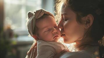 ai generado niño cuidado con madre y su bebé, madre abrazando su recién nacido, salud cuidado y contento familia concepto, generativo ai foto