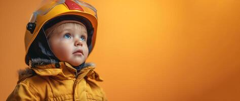 ai generado pequeño chico vistiendo bombero atuendo me gusta el bombero aislado en naranja bandera fondo, conceptual de imaginación y sueño carrera profesional, generativo ai foto