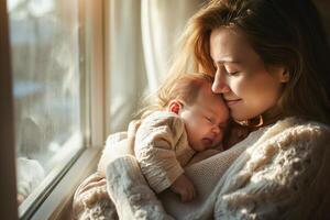 ai generado mujer y niño abrazando uno otro, mamá es consolador un bebé, hermosa conceptual imagen de niño cuidado, generativo ai foto