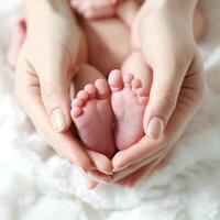 AI generated Tiny newborn baby's feet on mom shaped hands closeup, Beautiful conceptual image of maternity, generative AI photo