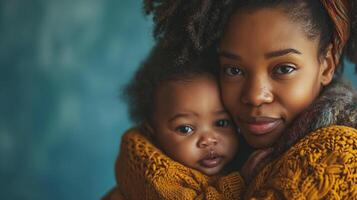 ai generado niño cuidado con africano americano madre con su bebé, salud cuidado y contento familia concepto, generativo ai foto