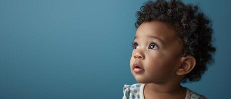 AI generated African American baby on a light blue background, Health care and happy family concept, empty space in studio shot isolated on blue long banner background, generative AI photo